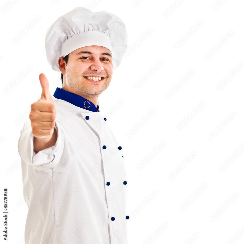 cheerful male chef with thumbs up isolated on white cheerful male chef with thumbs up isolated on white