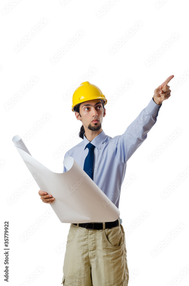 Engineer working with drawings on white Engineer working with drawings on white
