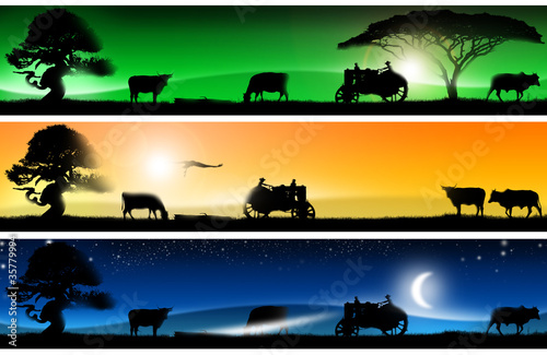 Three fantastic countryside landscapes banners