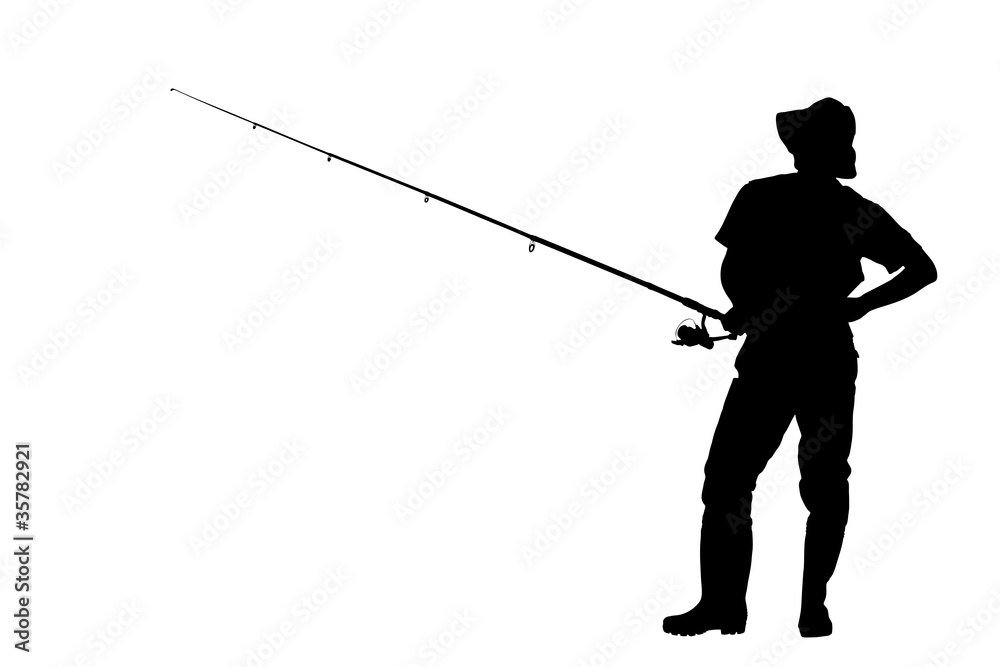Silhouette of a fisherman holding a fishing pole Stock Photo