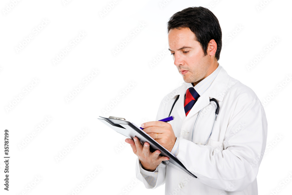 Medical doctor with stethoscope writing notes at notebook . Isol Medical doctor with stethoscope writing notes at notebook . Isol