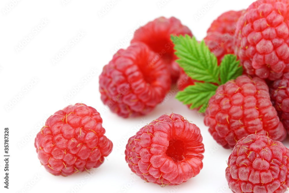 Ripe raspberry with leaves Ripe raspberry with leaves