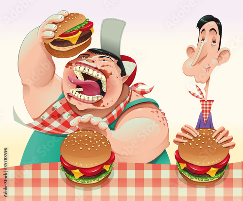 Guys with hamburgers. Cartoon and vector illustration.