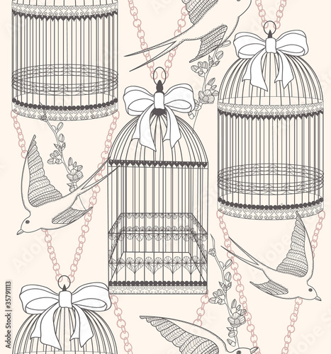 Seamless pattern with birdcages, flowers and birds. Floral and s