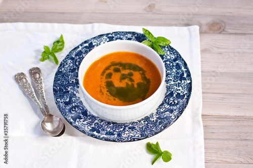 spicy tomato soup with basil oil