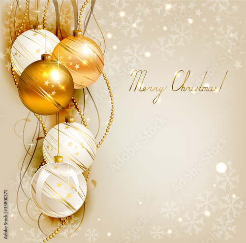 Christmas background with gold and white evening balls