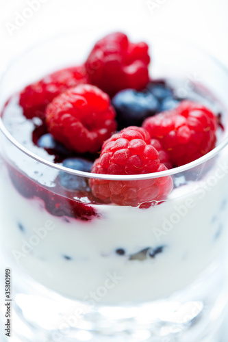 Fresh fruits with yogurt in a glass