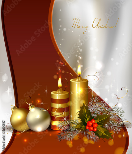 Christmas background with burning candles and Christmas bauble