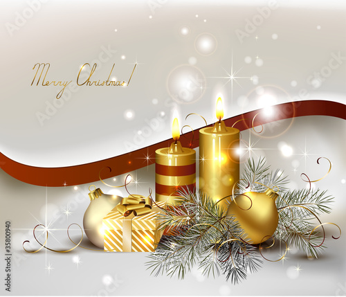 background with burning candles and Christmas gift