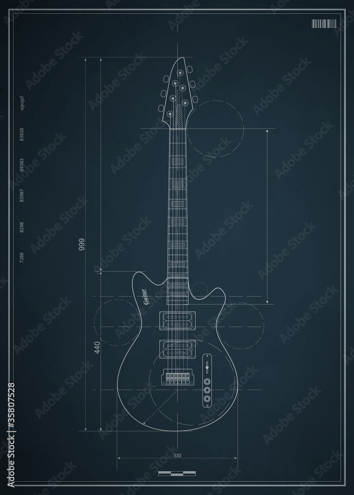 Fototapeta premium blueprint electric guitar with the dimensions on paper