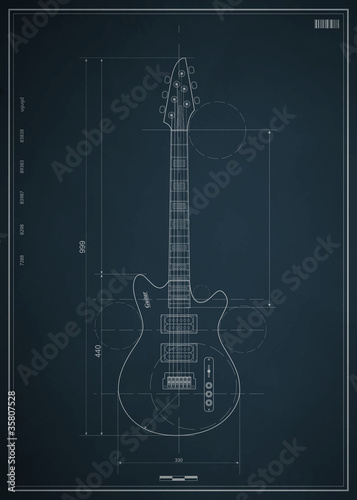 blueprint electric guitar with the dimensions on paper