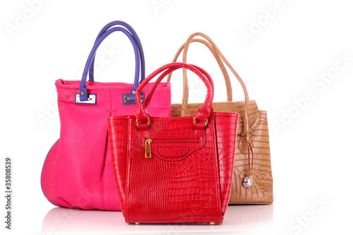 Many color women bags on white