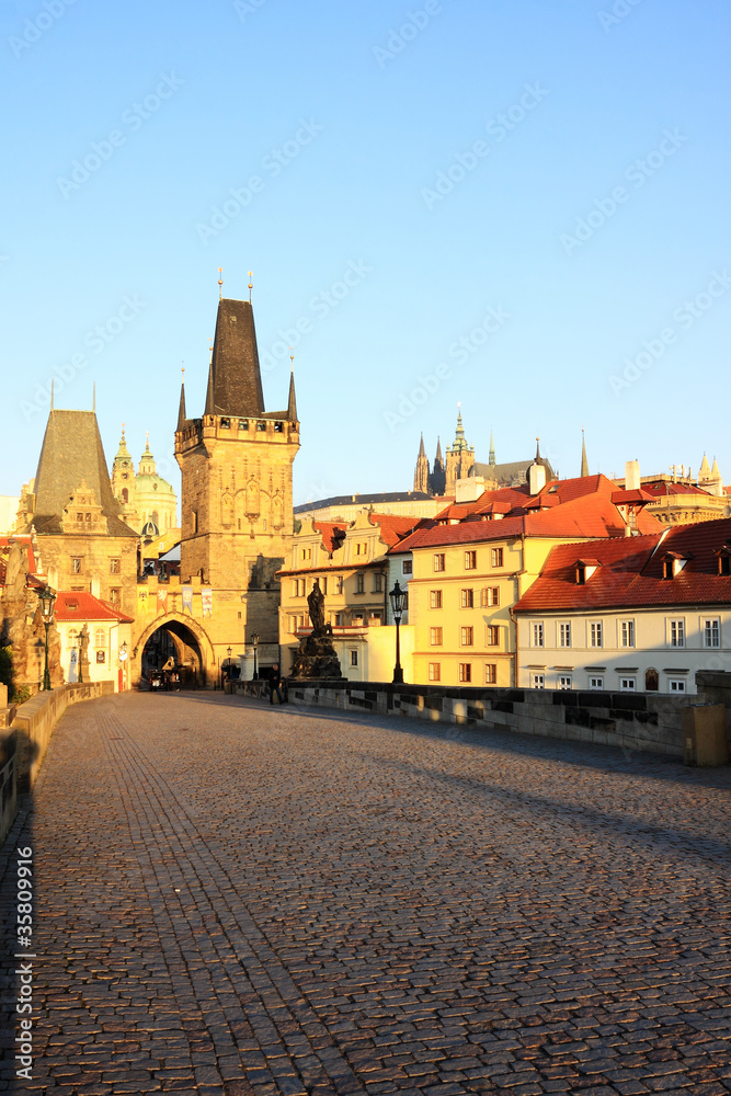 Morning Prague with gothic Castle from the Charles Bridge