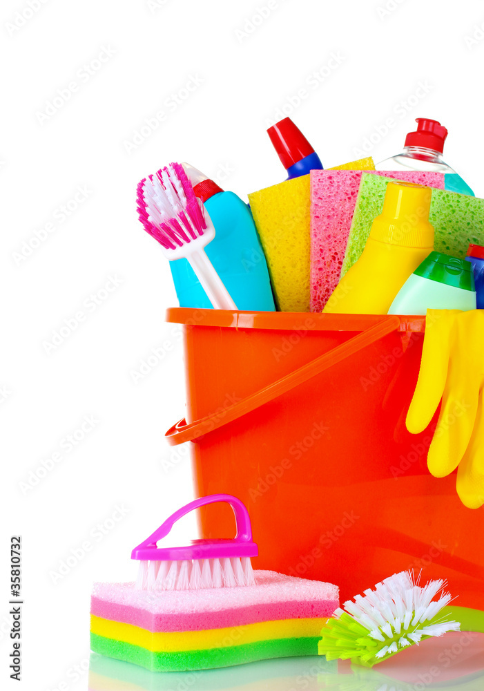 detergent bottles, brushes, gloves and sponges in bucket detergent bottles, brushes, gloves and sponges in bucket