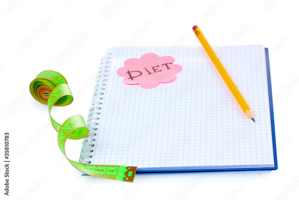 Notebook pencil measuring tape isolated on white Notebook pencil measuring tape isolated on white