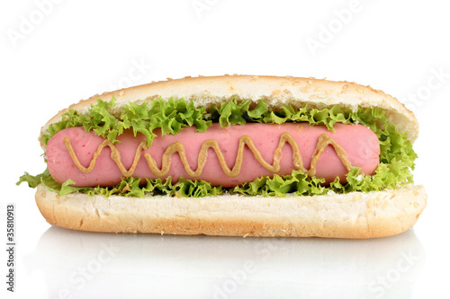 Delicious hot dog with mustard and lettuce isolated on white