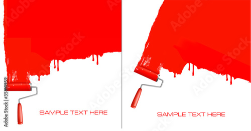 Red roller painting the white wall. Two backgrounds vector
