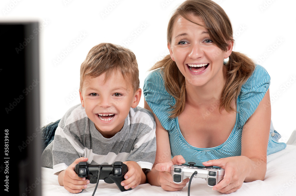 Happy family playing a video game Happy family playing a video game