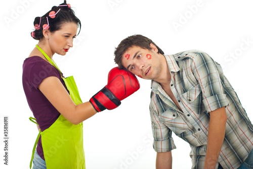 Angry wife boxing husband