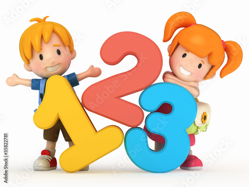 3D render of school kids with 123