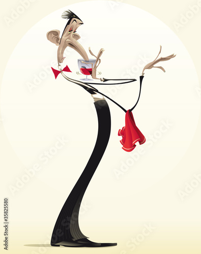 Funny waiter with red wine. Cartoon and vector illustration.