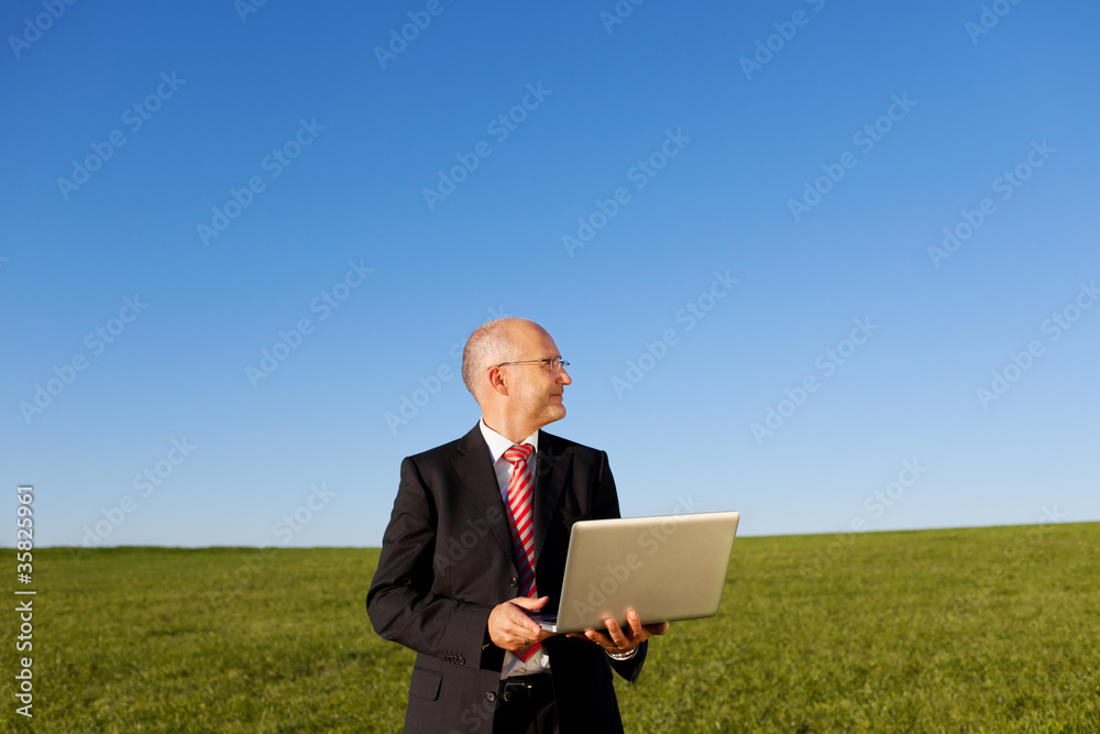 geschäftsmann mit notebook steht auf einer wiese