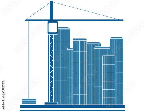blue construction sign with crane and skyscraper