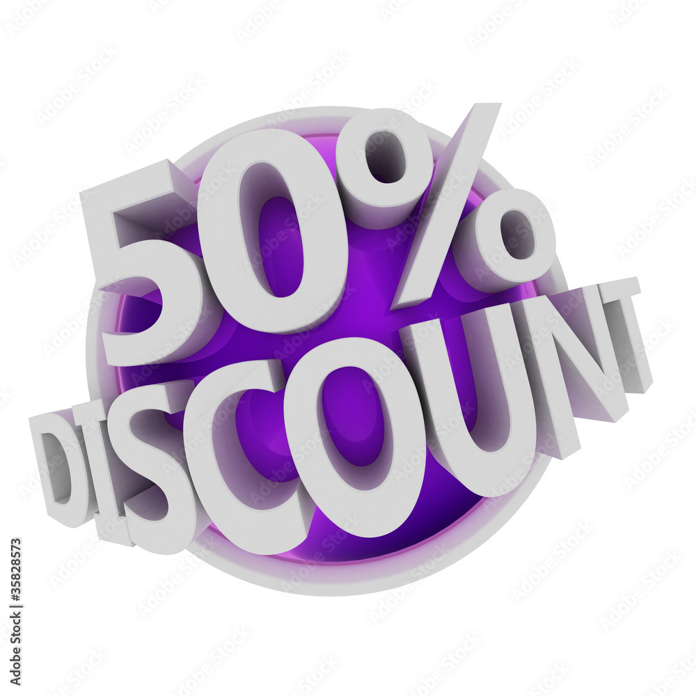 3d rendered purple discount button - 50%