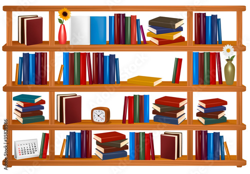 Bookshelf with colorful books and clock. Vector