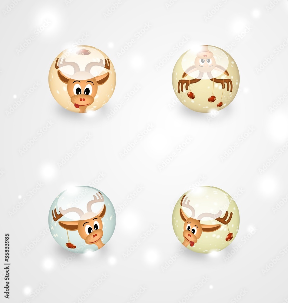 Four glass spheres with funny christmas reindeers