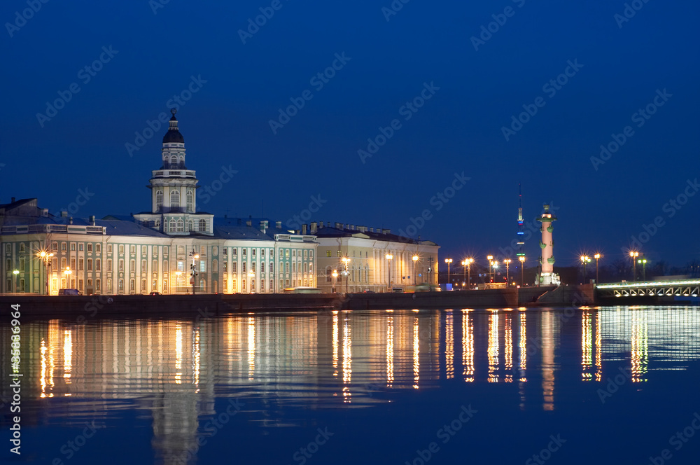 Night View of Neva River embankment in Saint-Petersburg, Russia