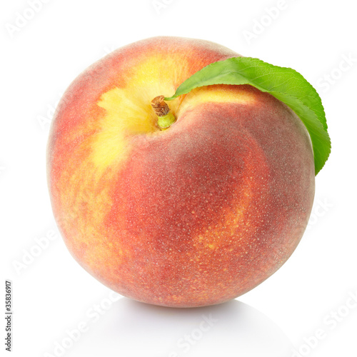 Peach fruit with leaf on white clipping path included