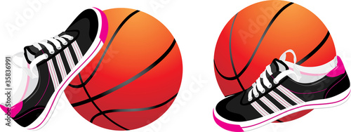 Basketball ball and trainers shoes