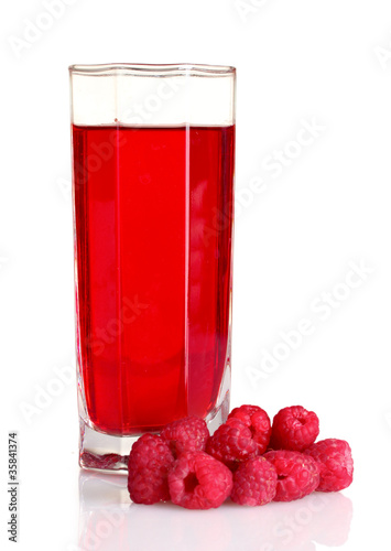 fresh raspberries, leaves and juice isolated on white