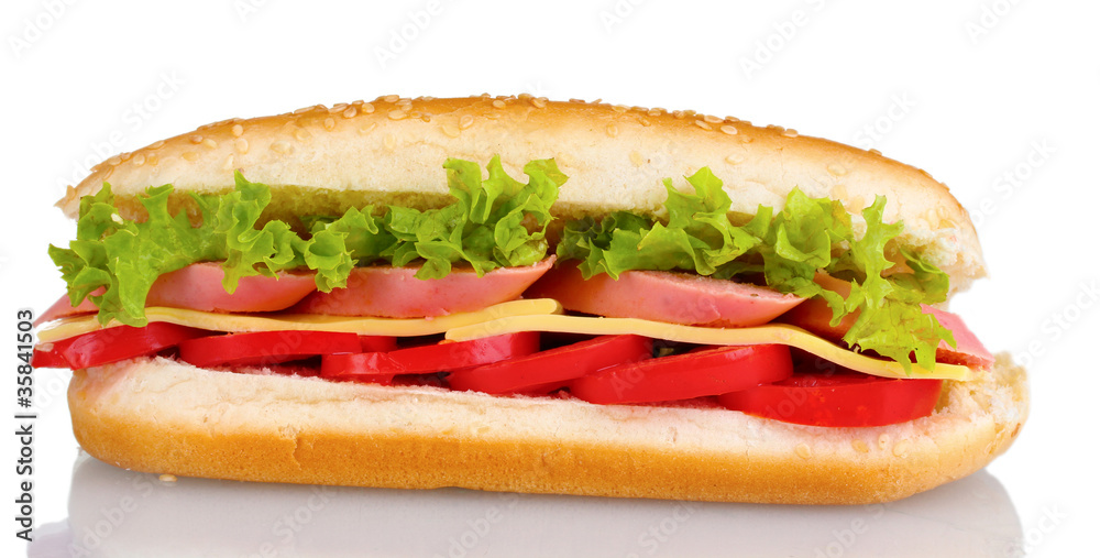 Sandwich with sausage, cheese and tomatoes isolated on white Sandwich with sausage, cheese and tomatoes isolated on white