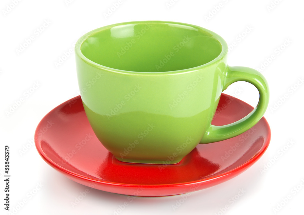 Green tea cup on red saucer isolated on white Green tea cup on red saucer isolated on white