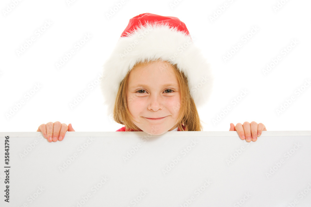 Happy Christmas child with the board on a white background.