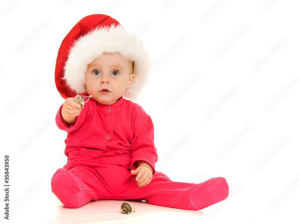 Happy Christmas bell ringing baby on a white background Happy Christmas bell ringing baby on a white background