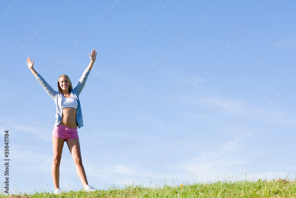 Stretching young sportive woman meadows sunny day Stretching young sportive woman meadows sunny day