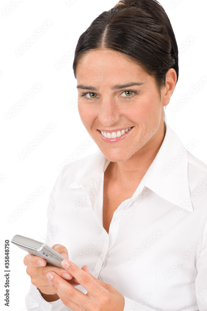 Smiling businesswoman attractive hold phone Smiling businesswoman attractive hold phone