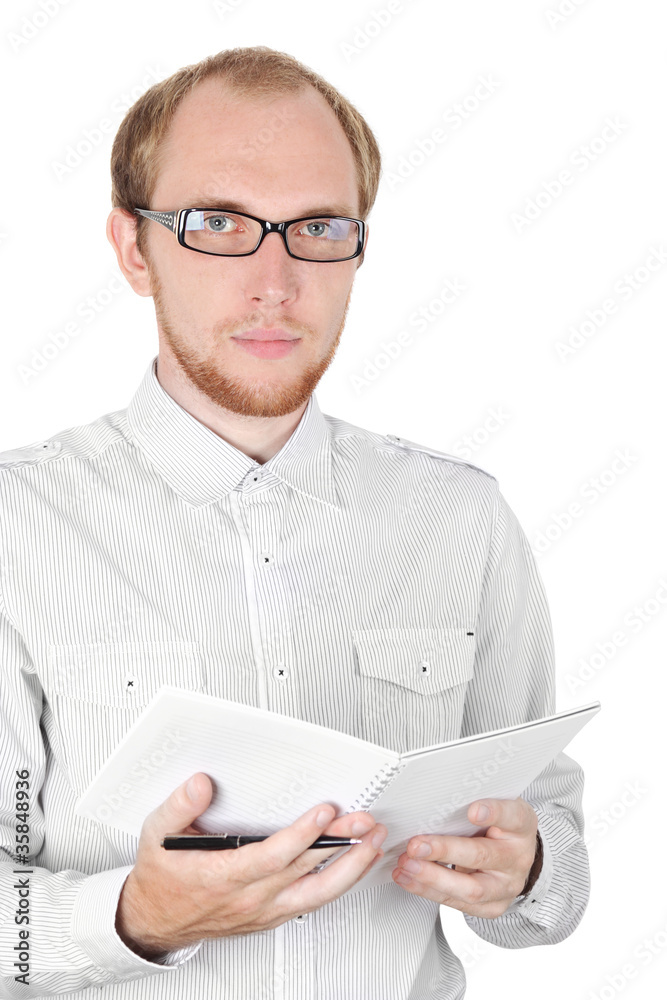 young businessman in white shirt and glasses with notebook isola