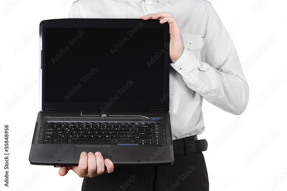 closeup of businessman in white shirt showing laptop isolated closeup of businessman in white shirt showing laptop isolated