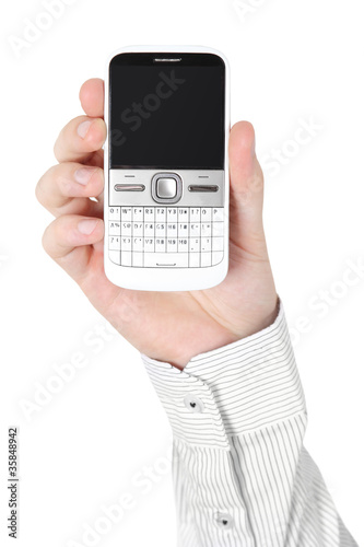 closeup of man hand showing white mobile phone isolated
