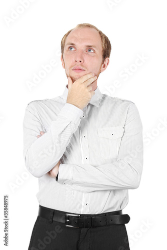 man in white shirt thinking, hand on chin, isolated