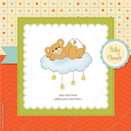 New baby shower card with spoiled teddy bear