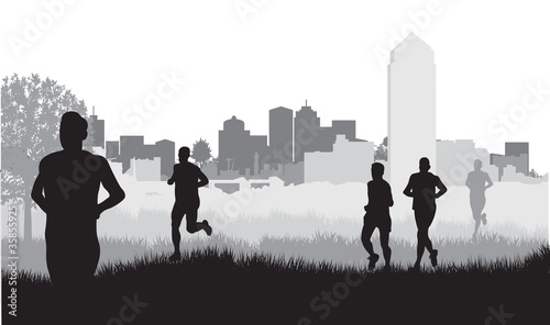 runners on a cityscape background
