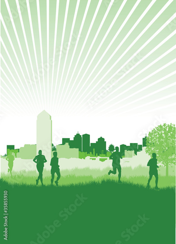 runners on a cityscape background