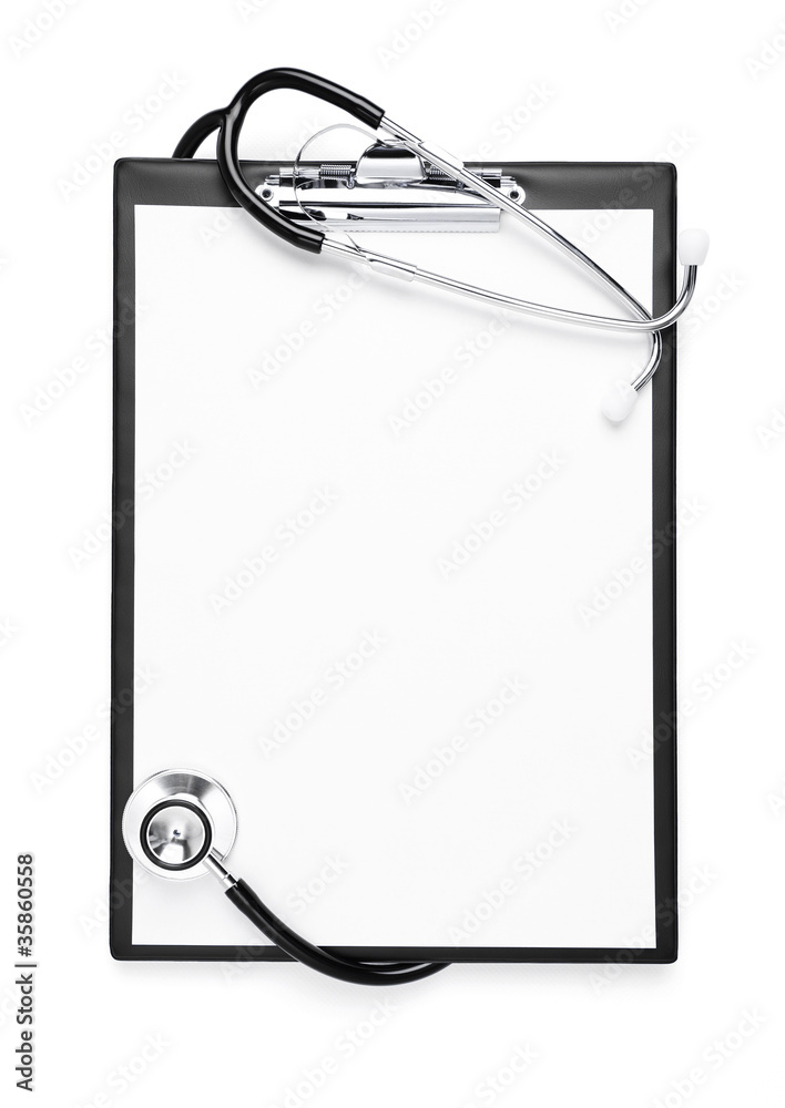 Blank clipboard with stethoscope isolated with clipping path