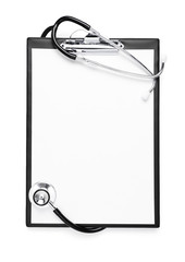 Blank clipboard with stethoscope isolated with clipping path