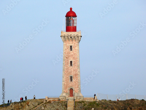 Cap Bear lighthouse with tourist,Mediterranean, Vermilion Coast, Port-Vendres, Roussillon, Pyrenees Orientales, France © dam
